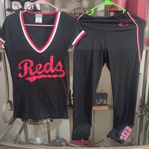 Cincinnati Reds Black & Red V-Neck Tee and Leggings Set By Pink
